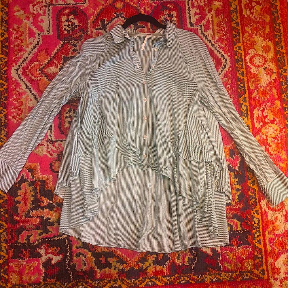 FREE PEOPLE green pinstripe high low button up